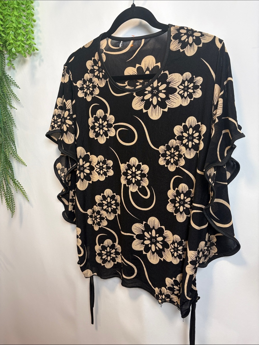 Black Floral Ruffle-Sleeve Blouse with Beige Print